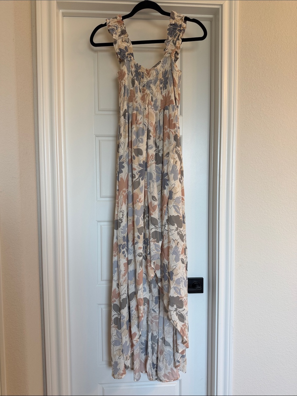 Magnolia Floral Smocked Maxi Dress in Cream, Blue, and Tan